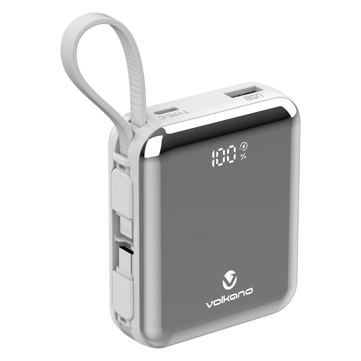 Volkano Solace Series 10000mAh Power Bank with Built-in USB-C & Lightning Cable - White & Silver - Front - Office R Us