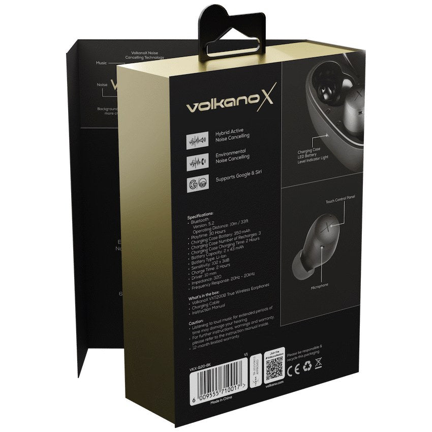 VolkanoX VXT200B True Wireless Earphones with Hybrid ANC (Black, VKX-1120-BK) - View 2 - Office R Us