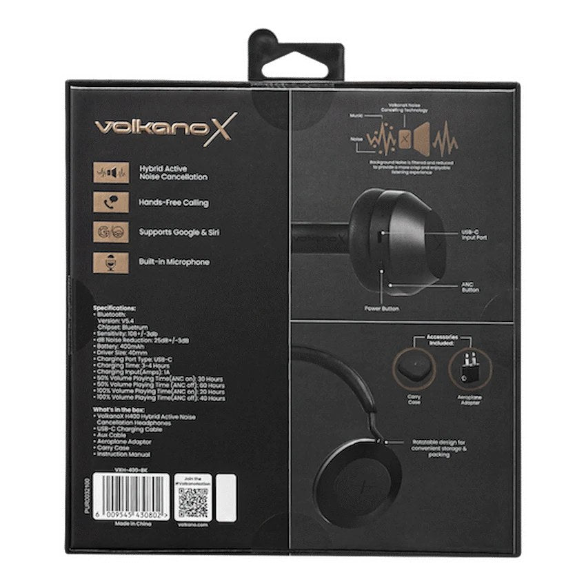 VolkanoX H400 Hybrid Active Noise Cancellation Headphones (Black, VXH-400-BK) - View 7 - Office R Us