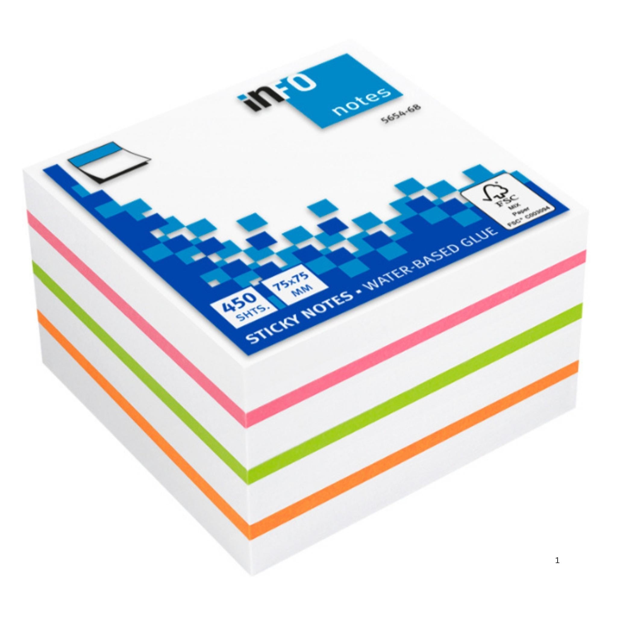 inFO Notes Mix Cube 75 x 75 mm, 450 Sheets – White/Pink/Green/Orange