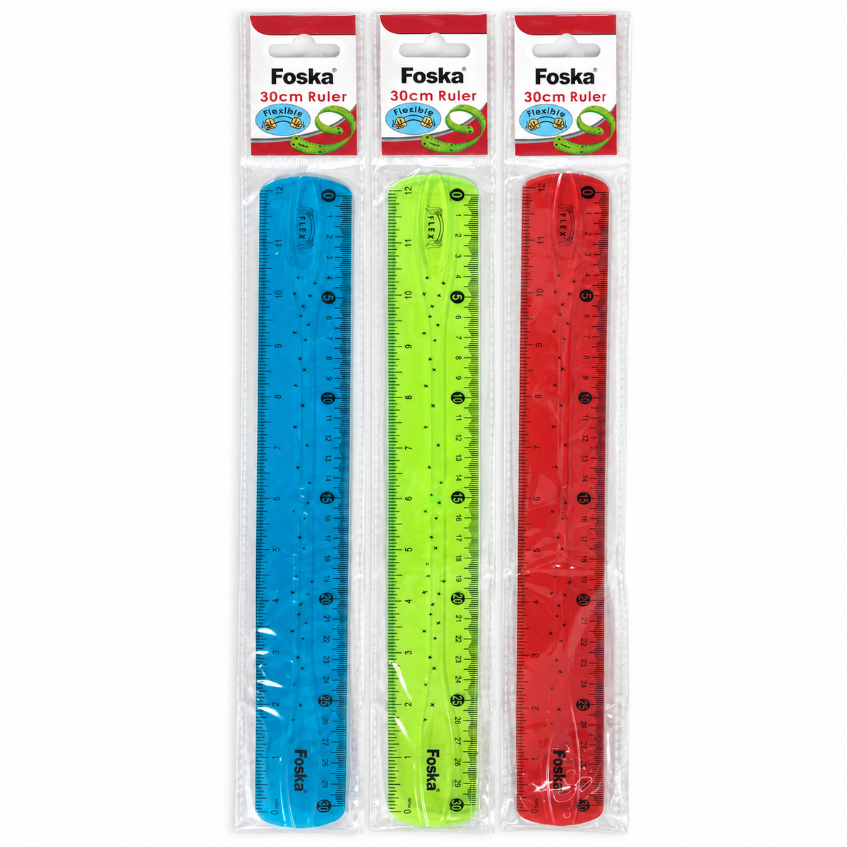 Foska Flexible Plastic Ruler 30cm AS0830 – red, green and blue in OPP bags