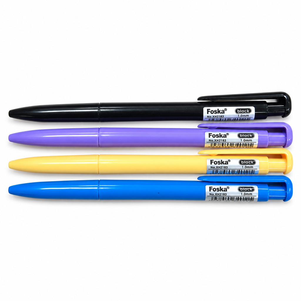 Foska Plastic Ballpoint Pen 1.0mm black ink XH2183 – black, blue, yellow and purple barrels