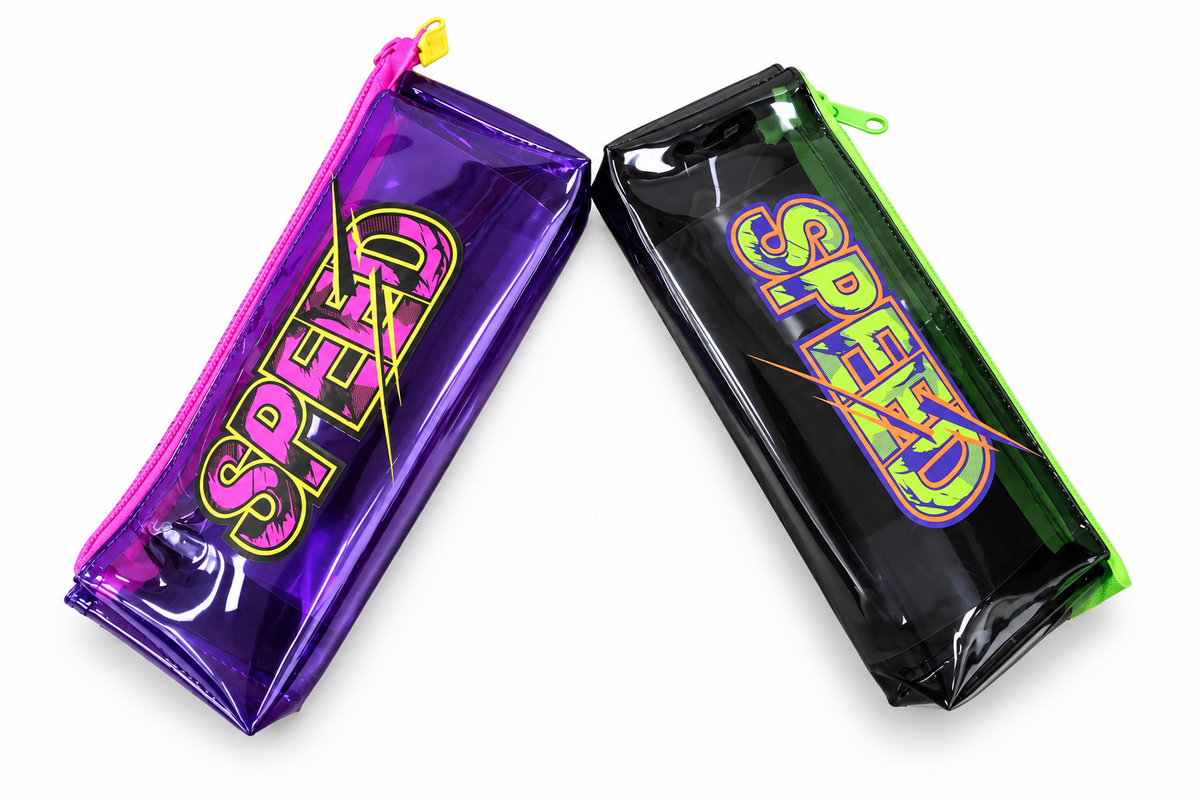 Transparent PVC pencil bag, Speed design – purple and black