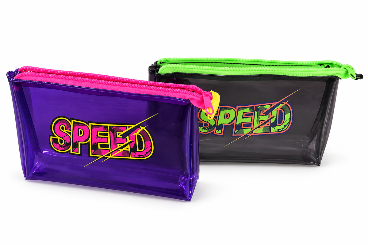 Transparent PVC wide zip pouch, Speed design – purple and black