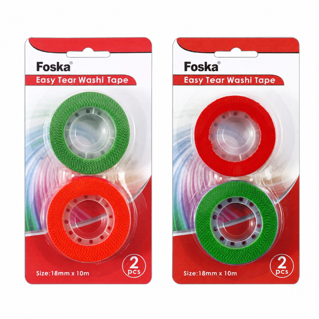 Foska Easy Tear Washi Tape, 2-roll pack, red and green