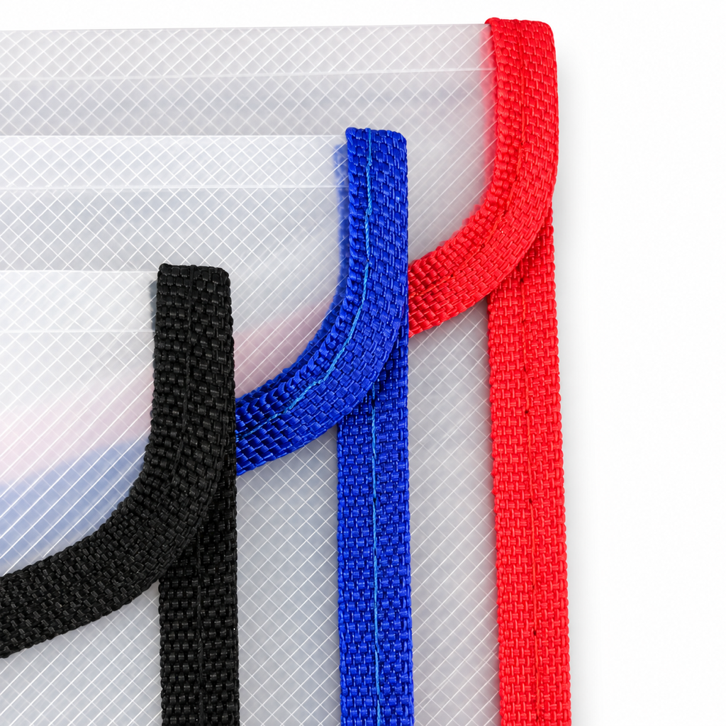A4 transparent envelope folders, black, blue and red borders