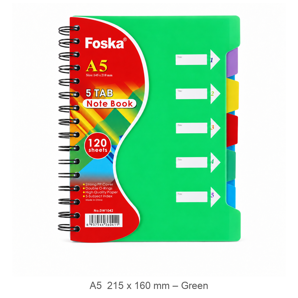 Foska 5-tab spiral notebook A5 215 x 160 mm, 120 sheets – green (DW1042)
