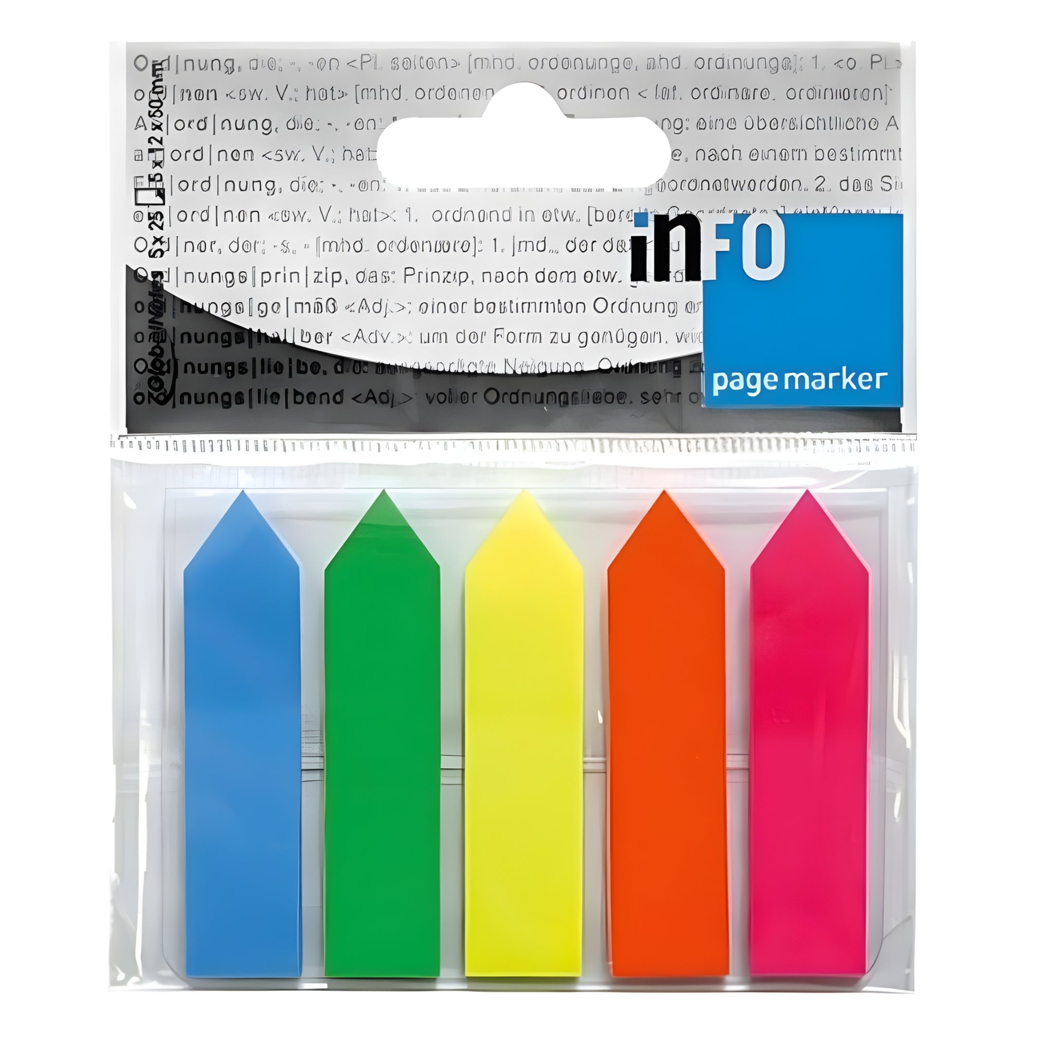inFO Notes 12 x 50 mm Film Page Marker on Plastic Card with Practical Clip, 25 Sheets (5 Arrow Pads), Film Mix: Blue, Green, Yellow, Orange, Pink