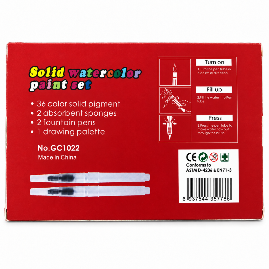 Foska Solid Watercolor Paint Set 36 colors GC1022 – retail box back