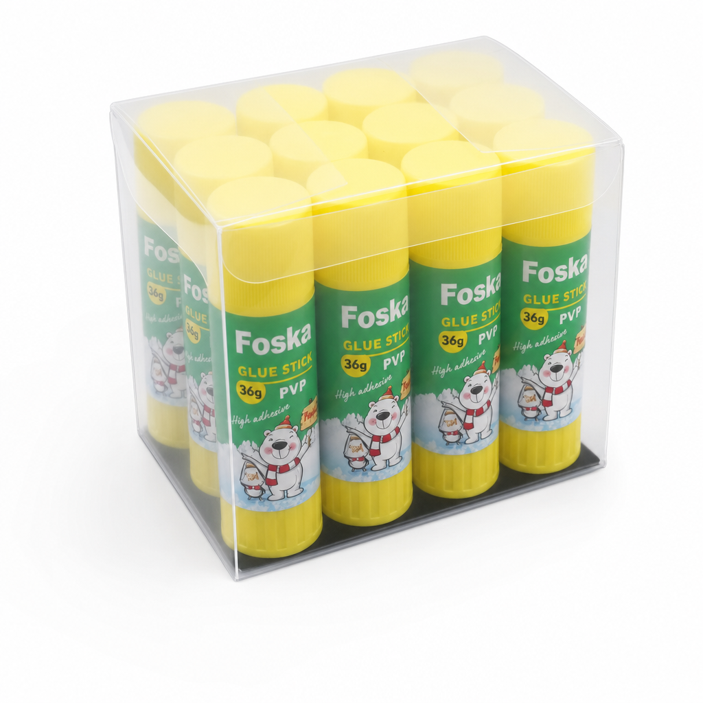 Display box of Foska 36g glue sticks on white background