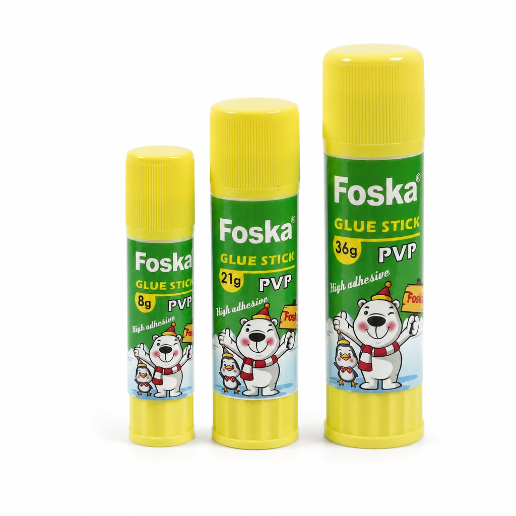 Foska glue sticks 8g, 21g and 36g with caps on white background