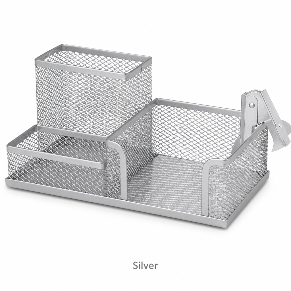Metal Grid Multi-Compartment Desktop Pen Container — Silver