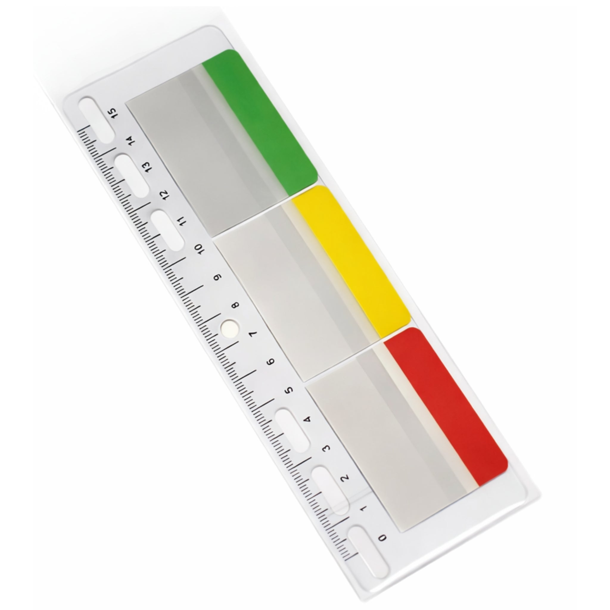 inFO Notes Index Tabs on Transparent Plastic Ruler, 3 x (50 x 38 mm), 3 x 10 Tabs, Colour Tip: Red/Yellow/Green, Ruler Size 175 x 50 mm