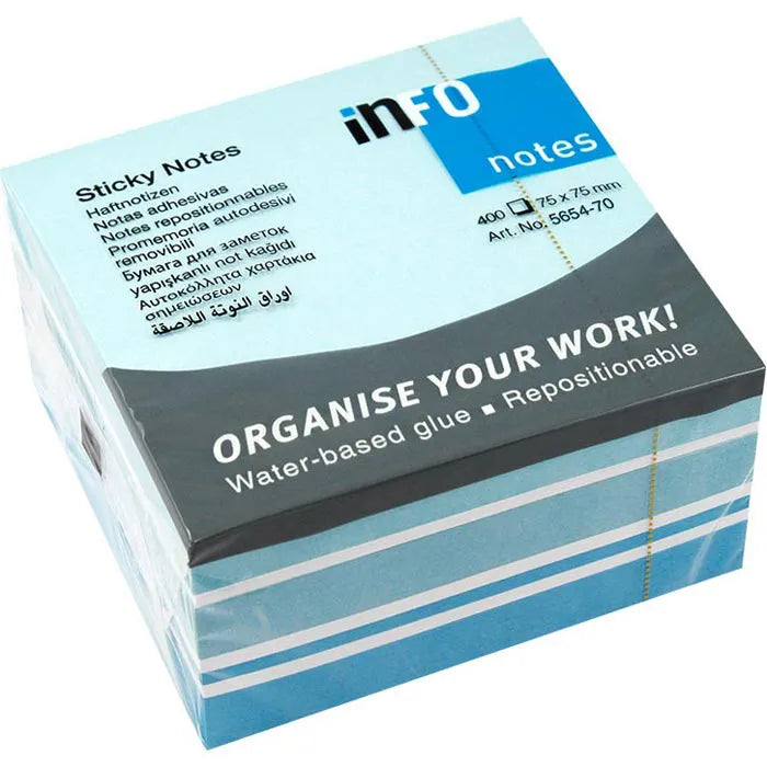 inFO Notes Blue Mix Cube 75 x 75 mm, 400 Sheets – Pastel Blue/Recycling Blue/Brilliant Blue