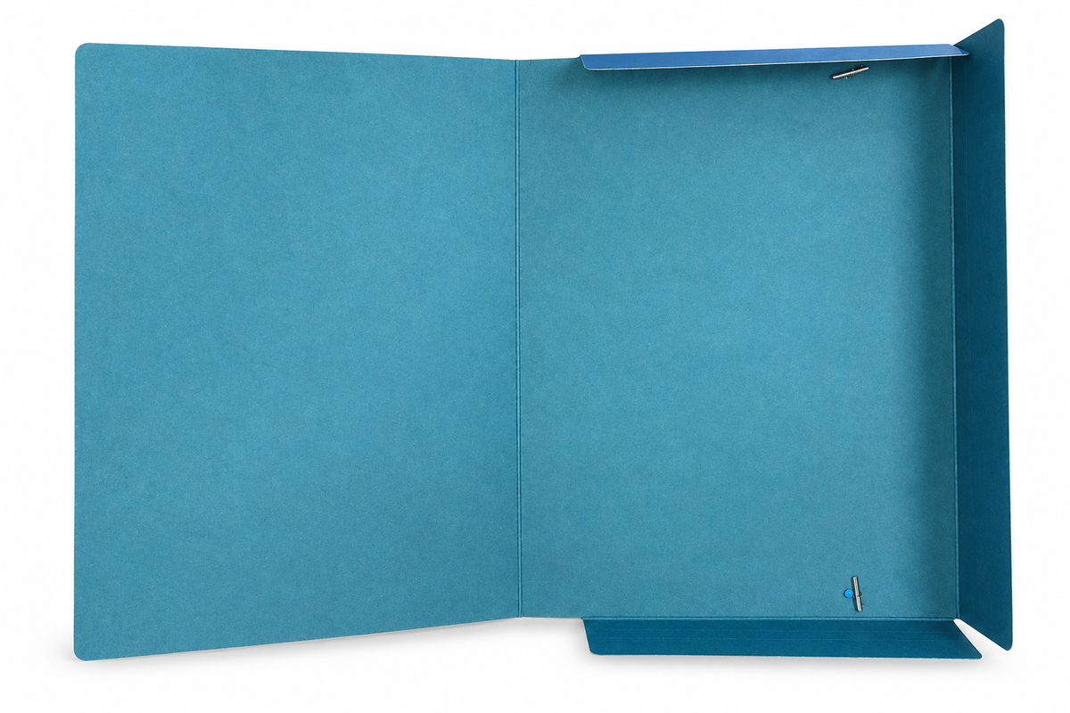 A4 blue paper file folder opened flat