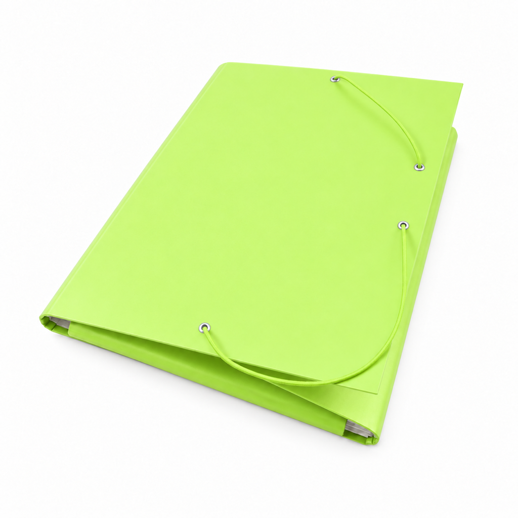 Foska rigid presentation file folder, matte green, lying flat with corner elastics
