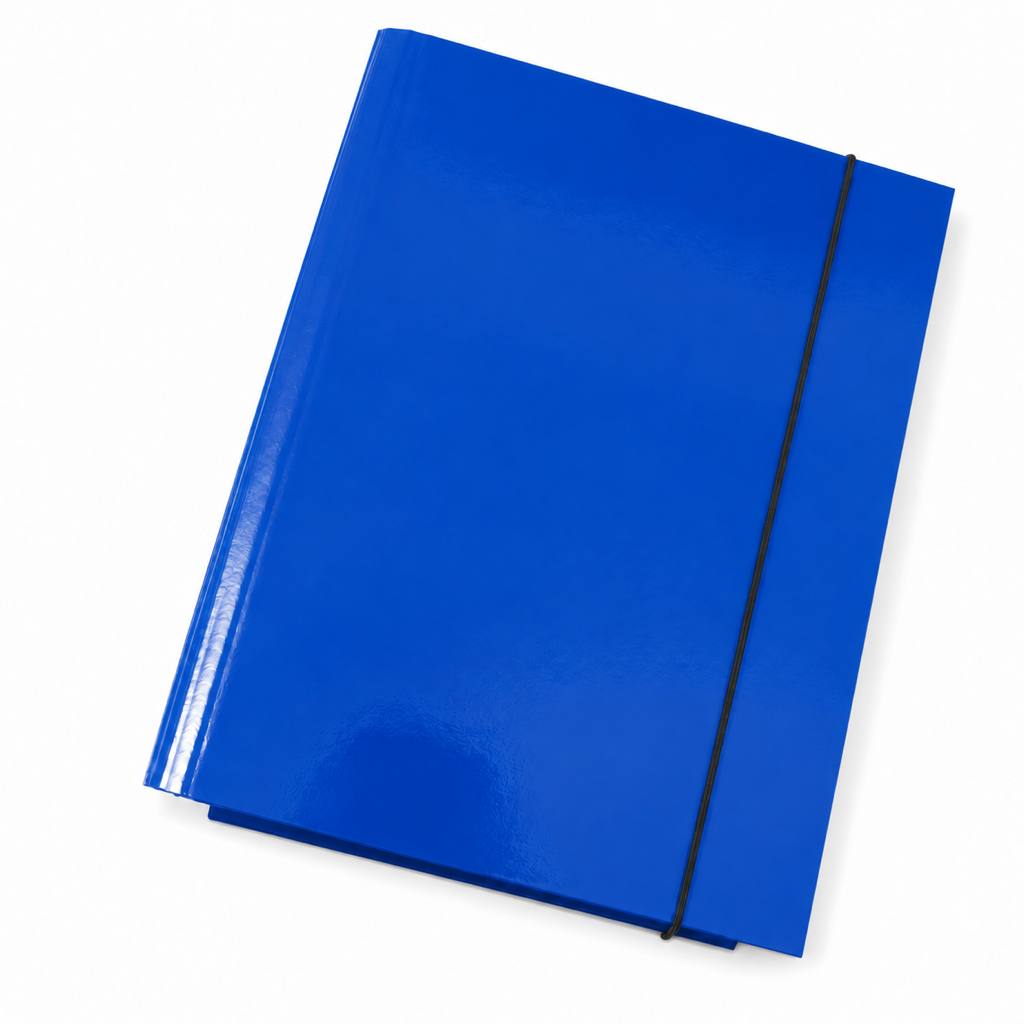 Foska rigid presentation file folder, glossy blue, lying flat with elastic band