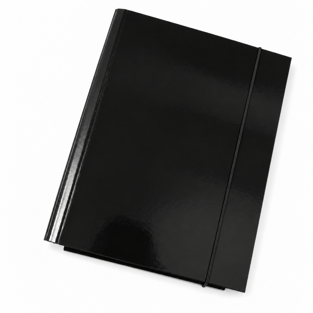 Foska rigid presentation file folder, glossy black, lying flat with elastic band