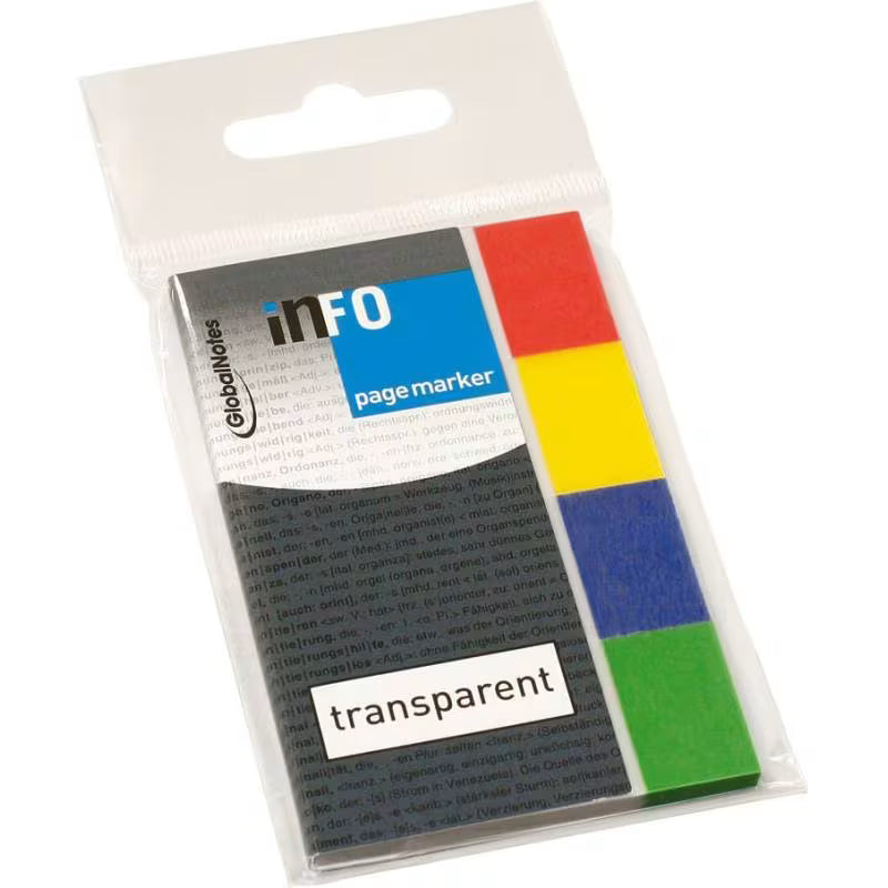 inFO Notes Transparent Page Markers 20 x 50 mm, 4 Pads (40 Sheets), Transparent Red/Yellow/Blue/Green