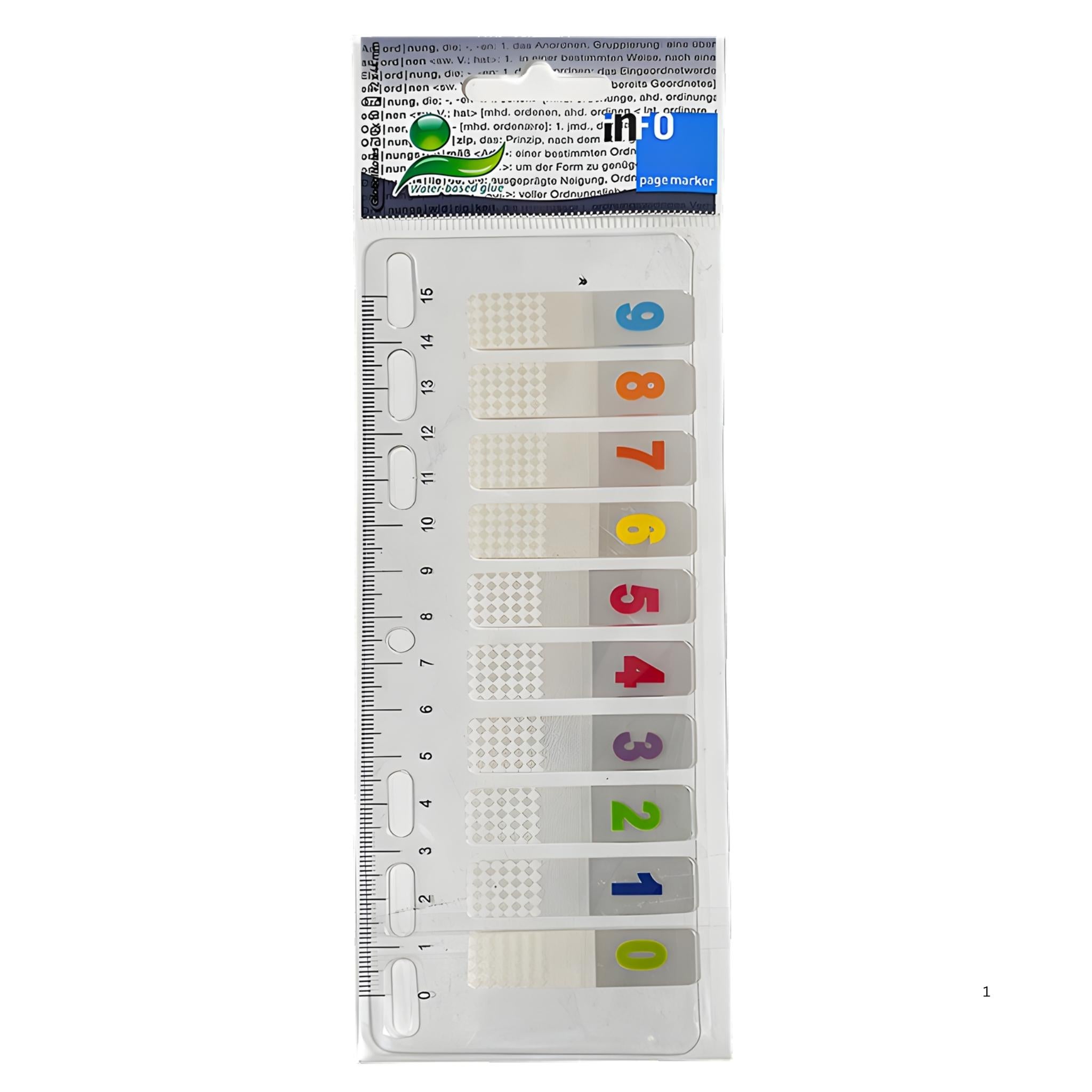 inFO Notes 12 x 44 mm Foil Page Marker “Index” on Transparent Plastic Ruler with Universal Perforation, Transparent PET Film Numbered 0–9