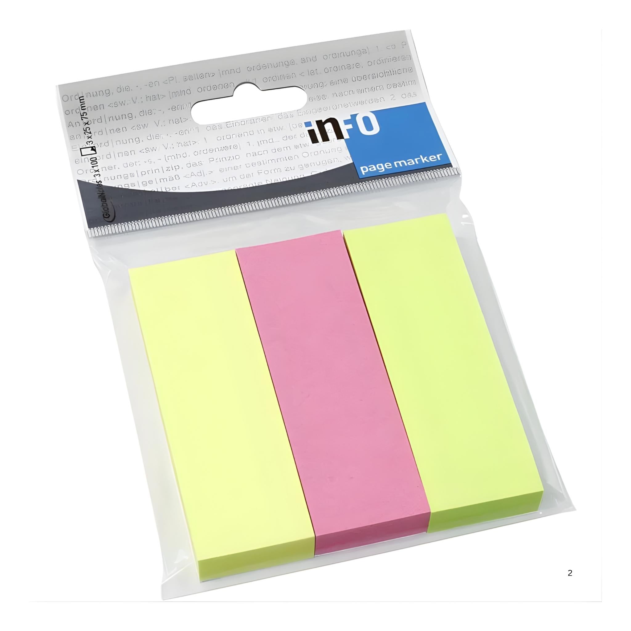 inFO Notes Brilliant Mix Page Markers 25 x 75 mm, 3 Pads (100 Sheets) – Yellow/Pink/Green