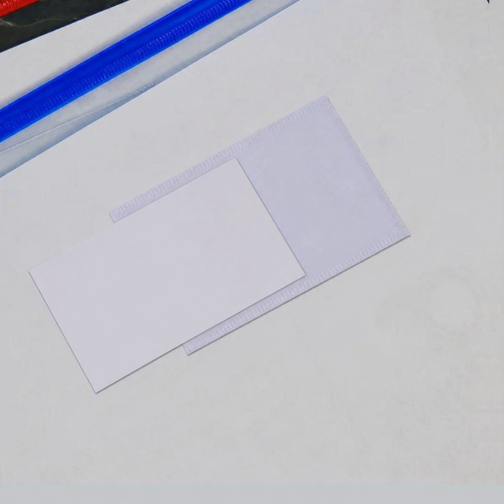 PVC zipper pouch label pocket detail with blank insert card