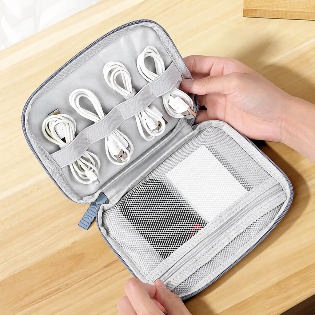 Foska electronics organizer – open, single-layer cable loops and mesh pocket