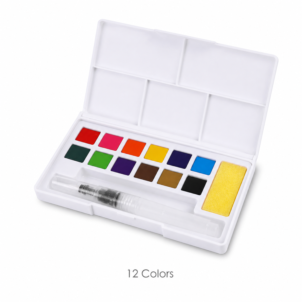 Solid Watercolor Paint Set with Fountain Pen and Sponge — 12 Colors