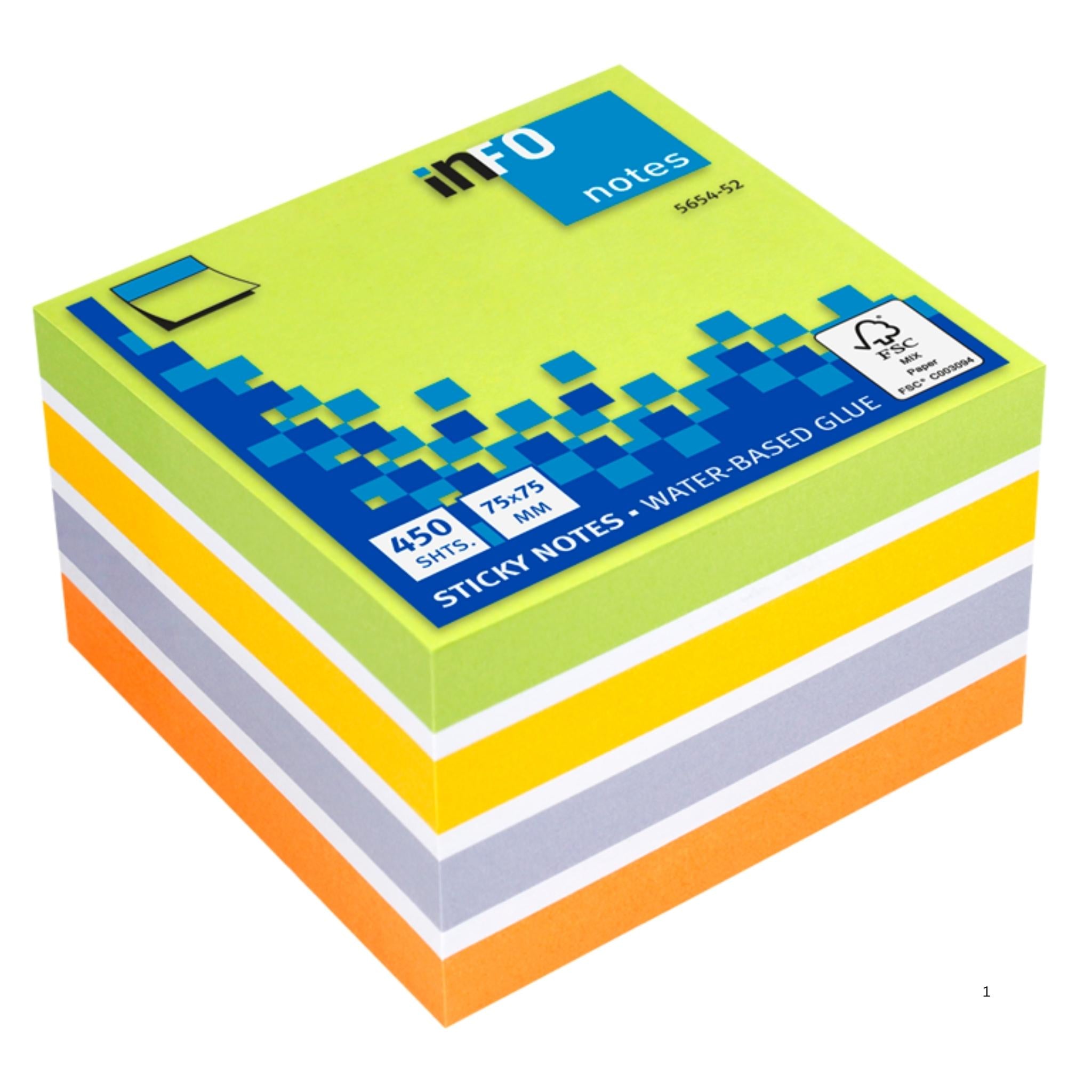inFO Notes 75 x 75 mm Colour Mix Cube, 450 Sheets, Lemon Green/White/Oriole Gold/White/Violet/Brilliant Orange