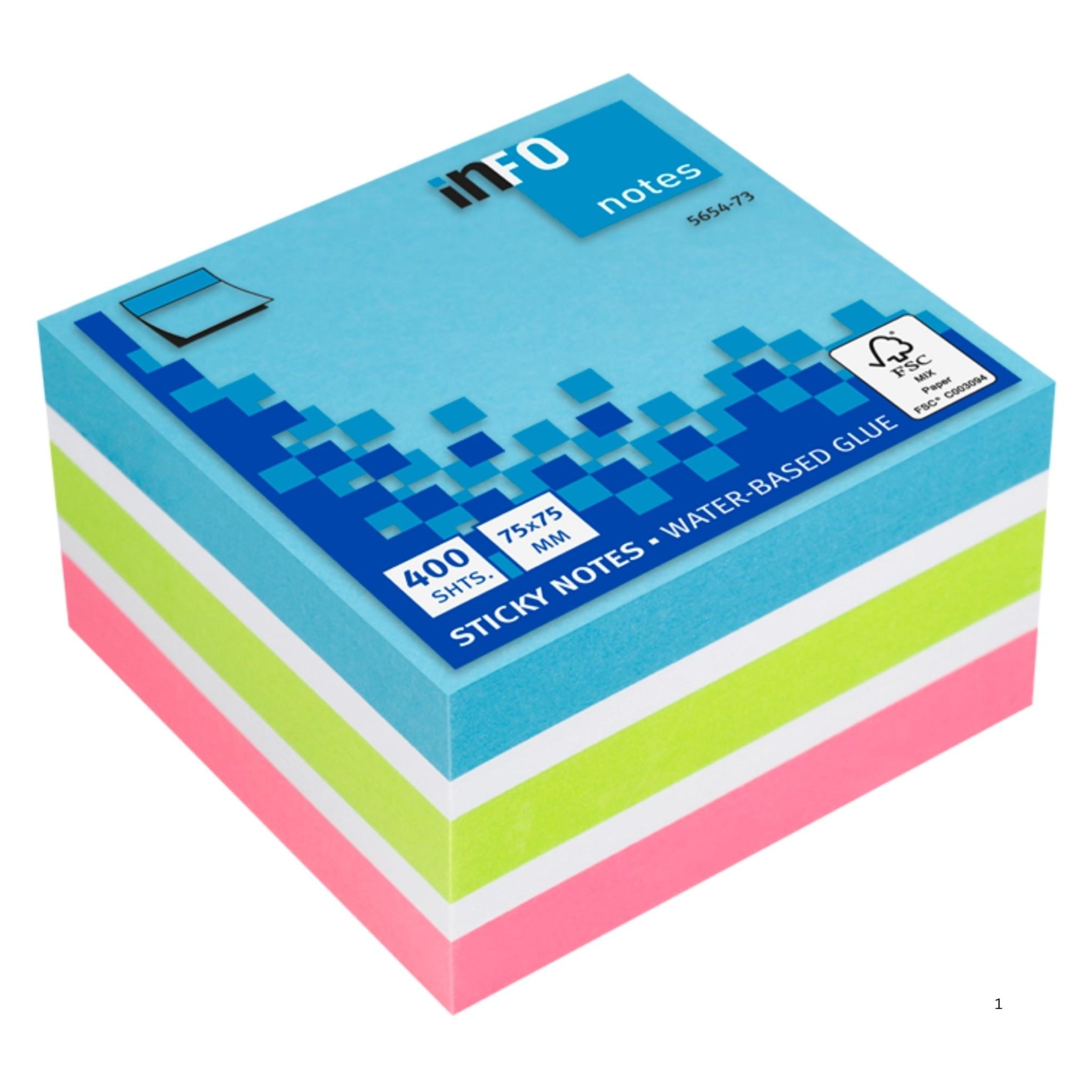 inFO Notes Bright Mix Cube 75 x 75 mm, 400 Sheets – Brilliant Blue/Brilliant Green/Brilliant Pink