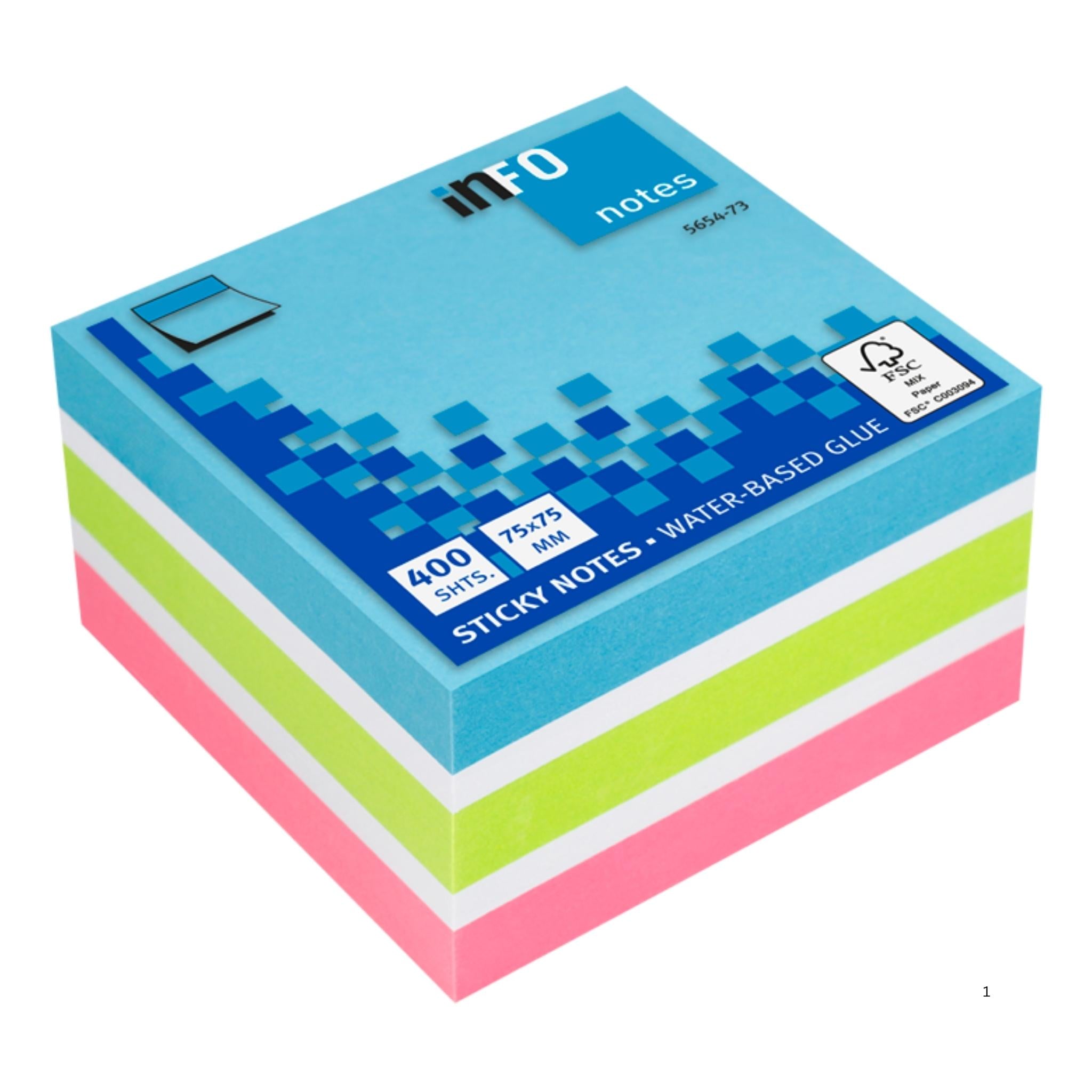 inFO Notes Bright Mix Cube 75 x 75 mm, 400 Sheets – Brilliant Blue/Brilliant Green/Brilliant Pink