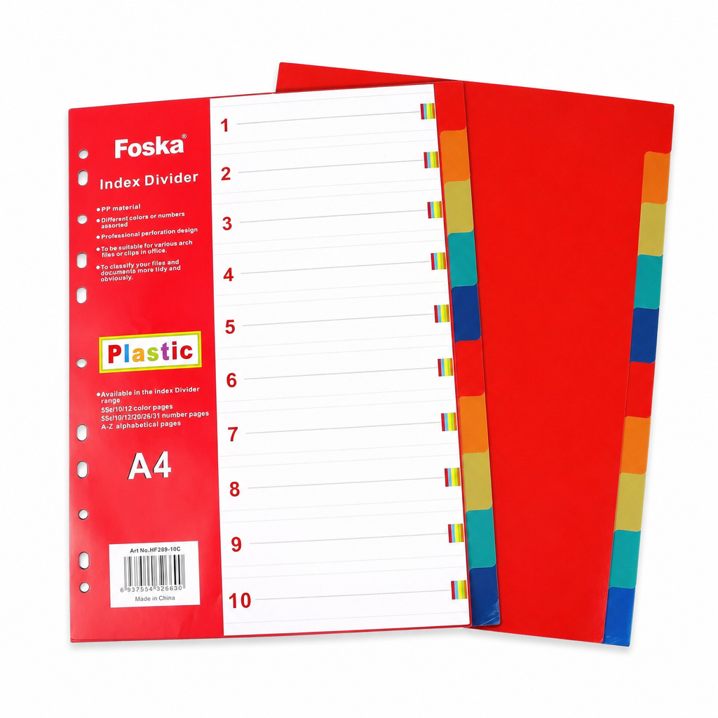 Foska A4 plastic index dividers, 10 tabs, Art No.HF289-10C