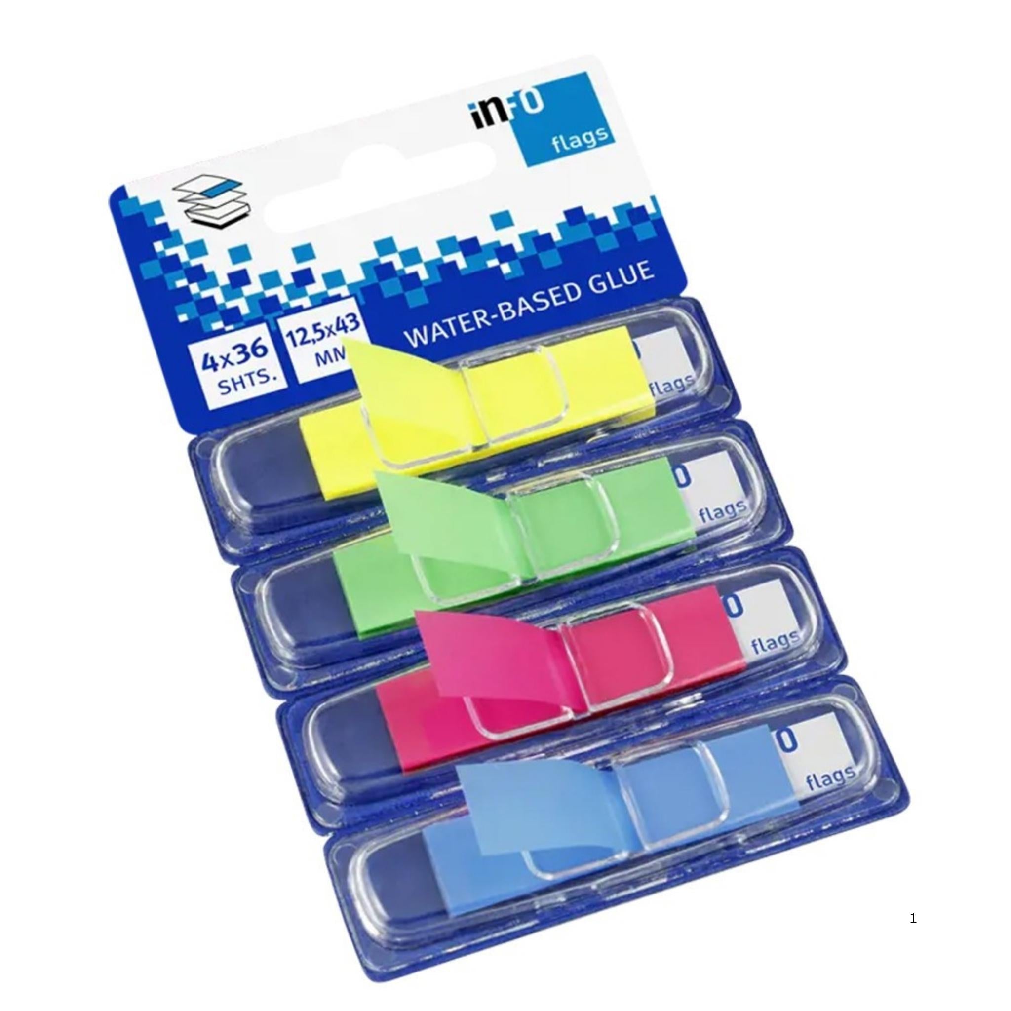inFO Notes PET Flags 12.5 x 43 mm (½") in Dispenser – Solid Colours Yellow/Green/Pink/Blue (36 Sheets)