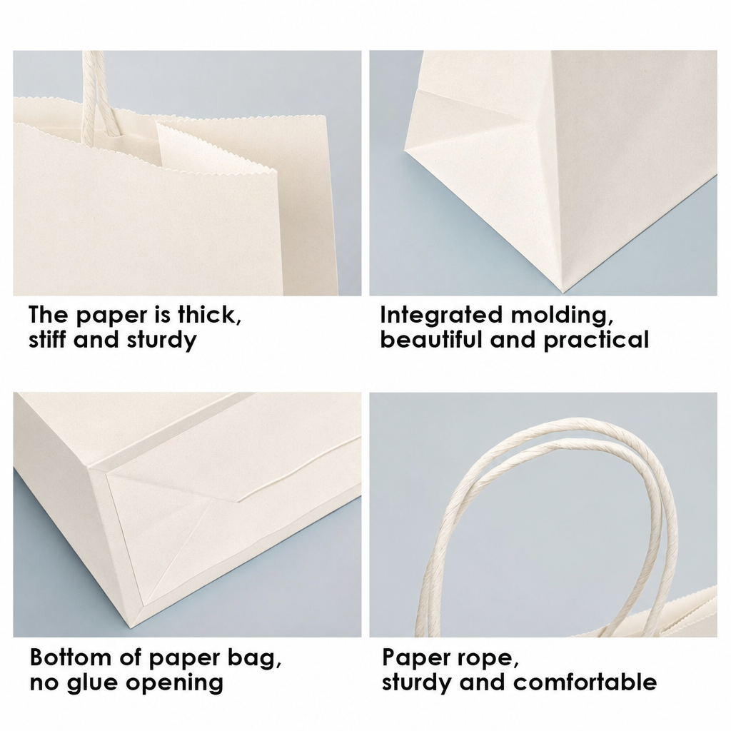 White kraft gift bag details: thick paper, integrated molding, glue-free bottom, paper rope handles