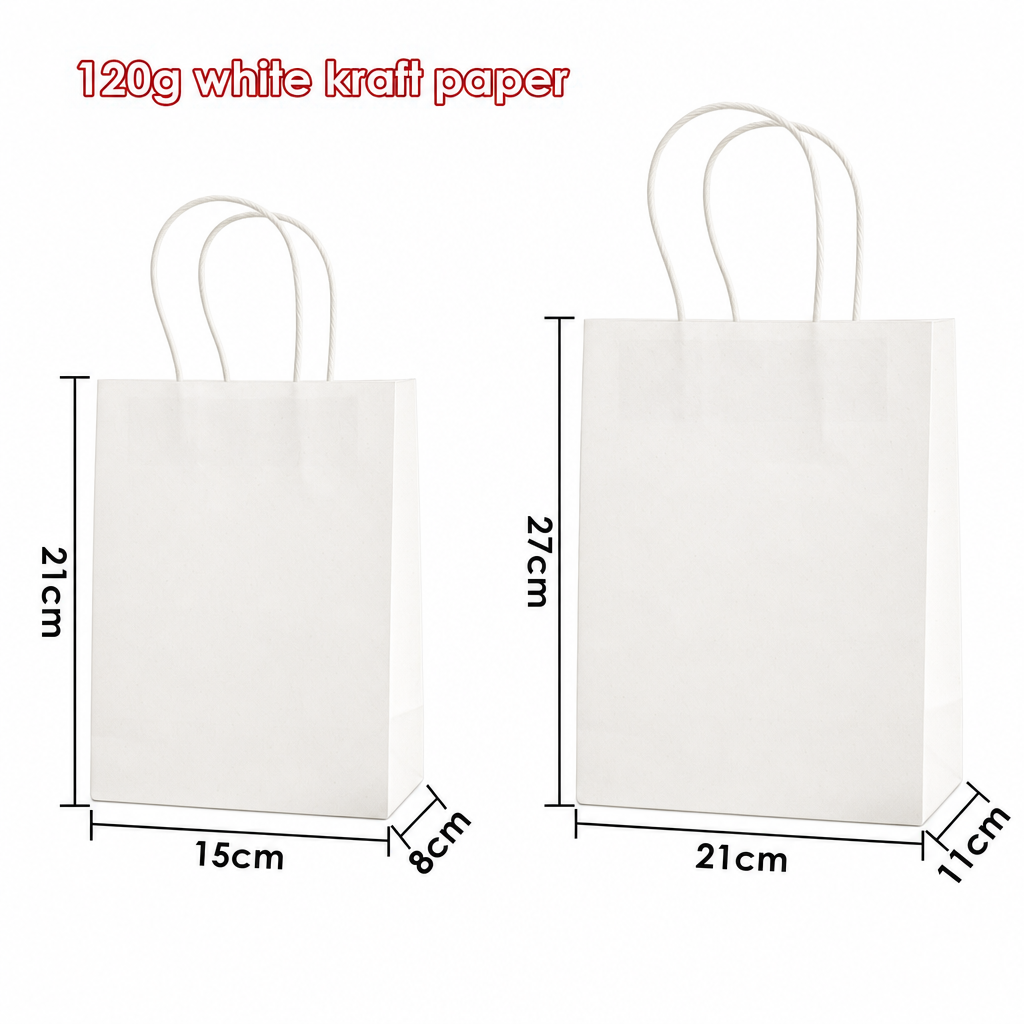 White kraft gift bag size diagram: 15 x 8 x 21 cm and 21 x 11 x 27 cm