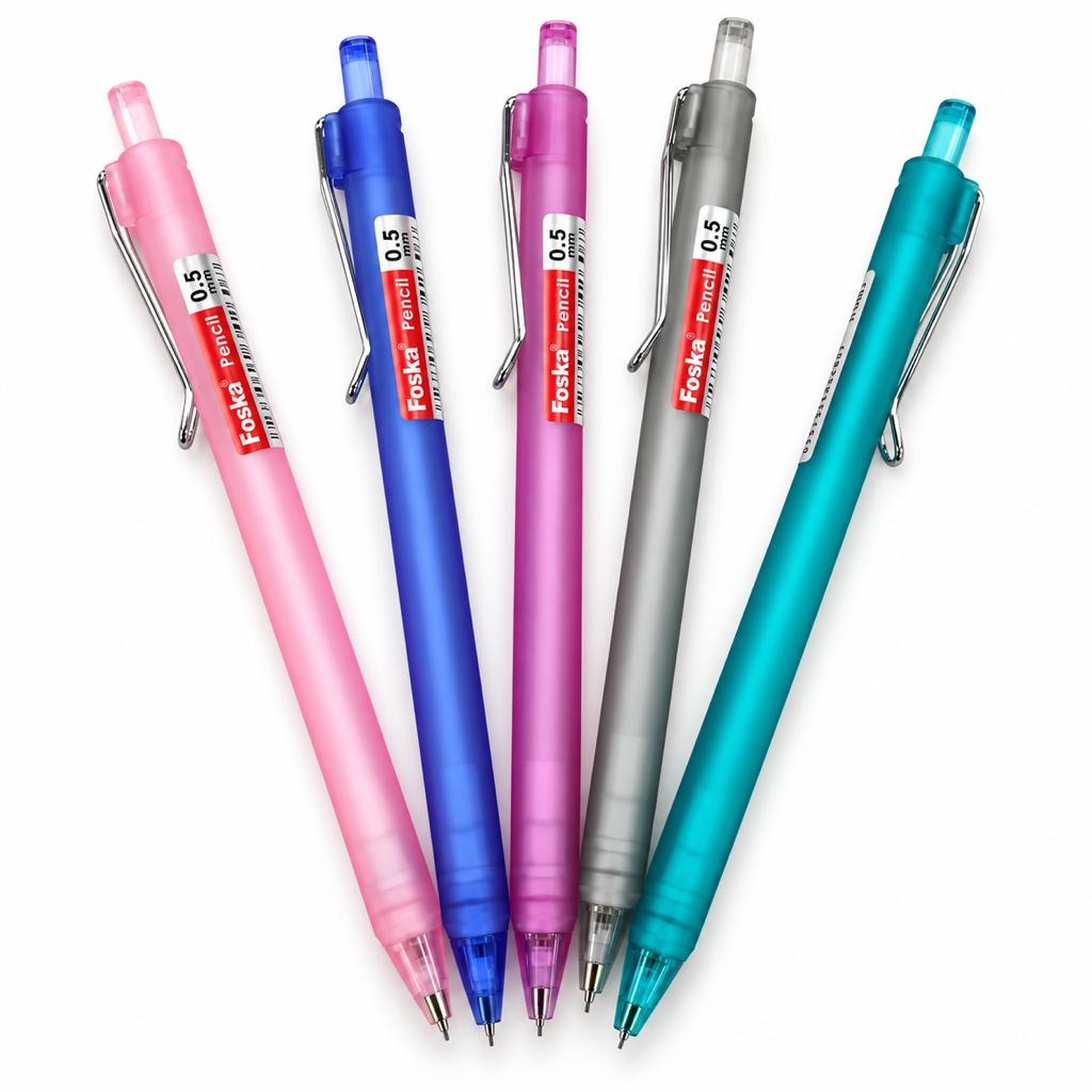 Foska Plastic Click Mechanical Pencil XY2053 – five colours: pink, purple, red, grey, green